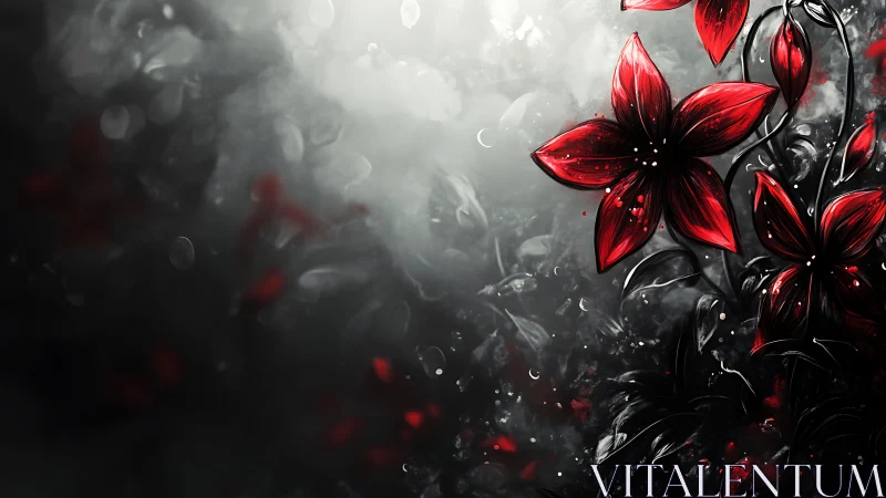 Crimson Flowers Dancing Through Misty Dreams