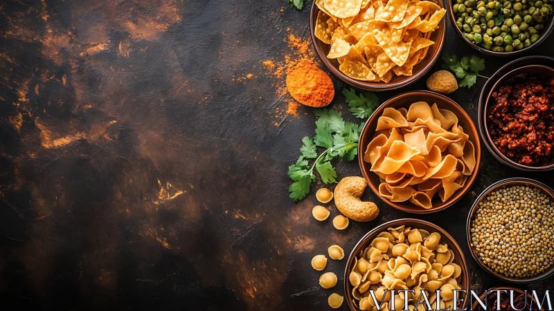 Crisp Indian snacks and pulses on rustic dark backdrop.