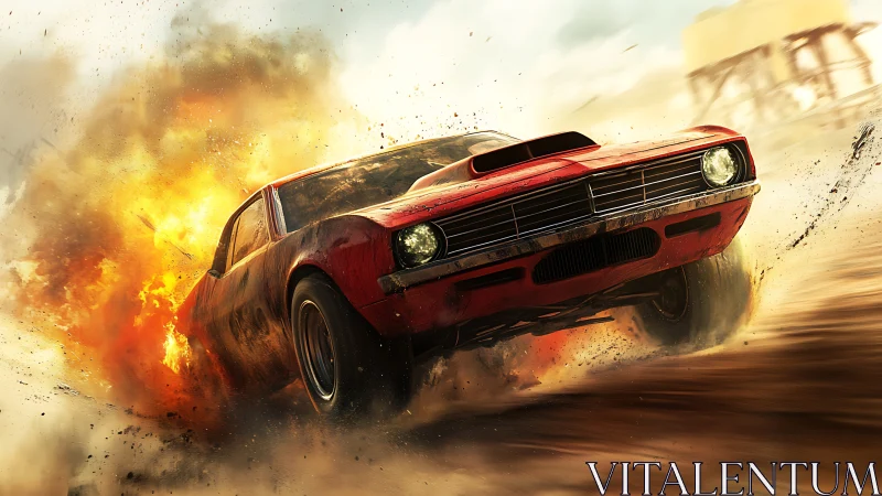 Muscle car drifts through explosive fireball with dynamic motion blur
