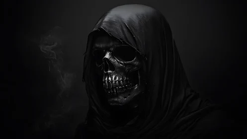 Hooded skeletal figure faces viewer under low key lighting