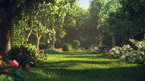 Sunlit garden path extends between dense flowering borders