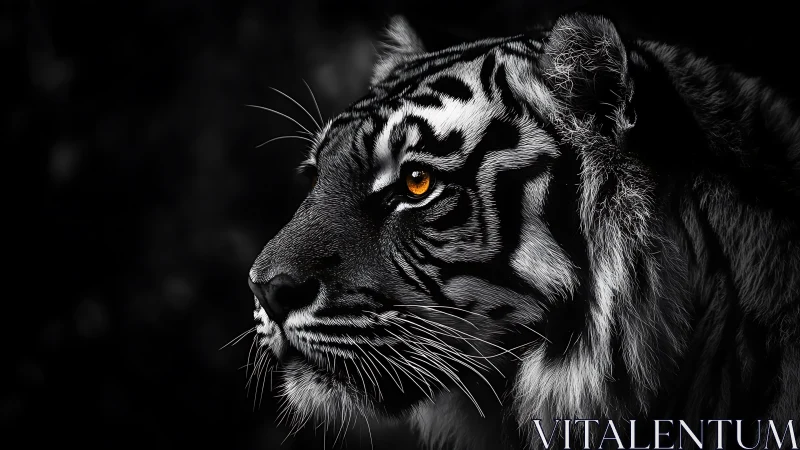 Golden-eyed tiger rests in shadowy monochrome calm.