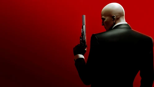 Bald suited gunman in profile over stark red gradient field.