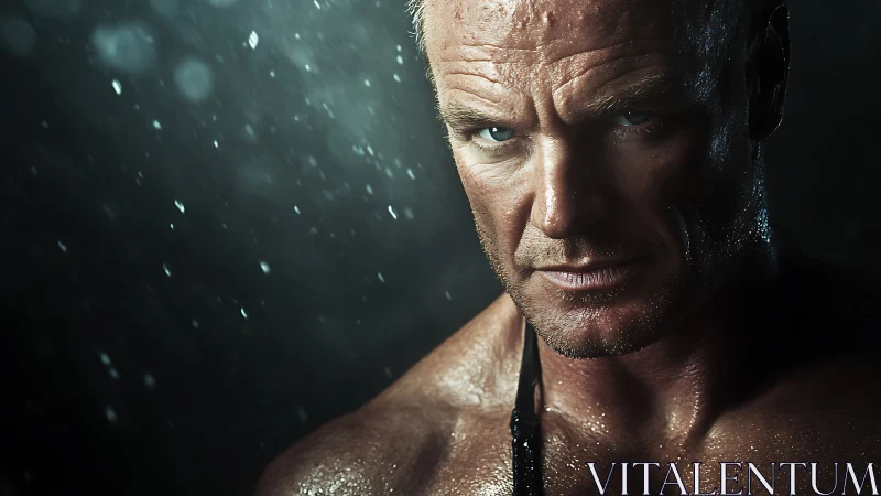 Intense wet portrait of muscular middle aged man outdoors.