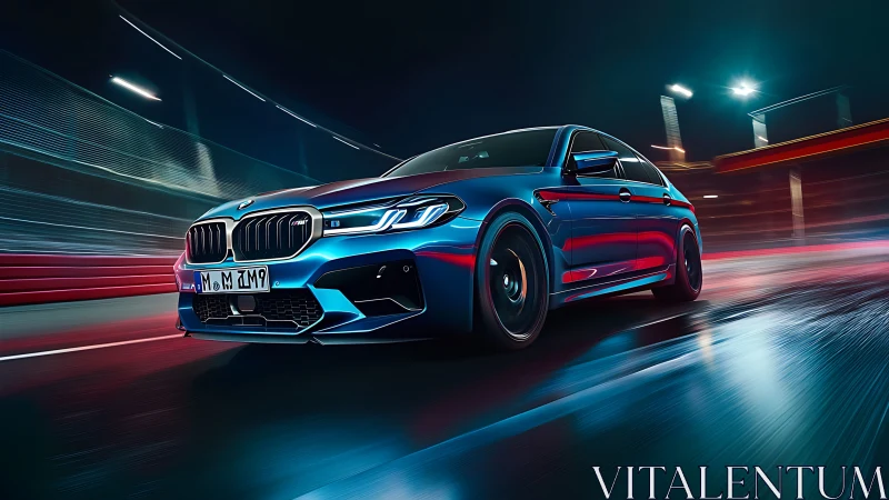 Performance sedan races through neon-lit wet city circuit.