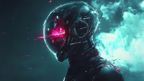 Cyberpunk astronaut profile with neon volumetric vapor plume.