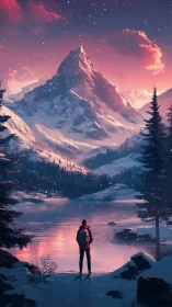 Backlit alpine peak dominates chromatic dusk snow panorama