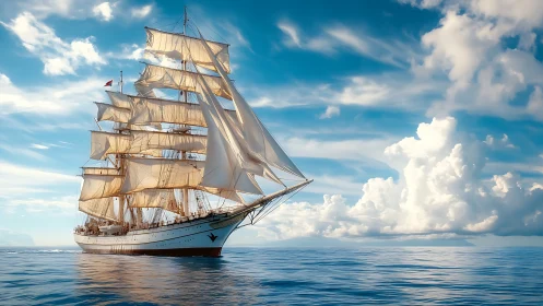 Tall ship under full sail glides across calm ocean in clear daylight
