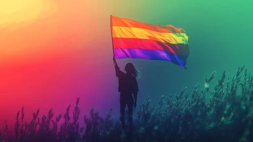 Silhouetted figure elevates rainbow flag in prismatic sky gradient