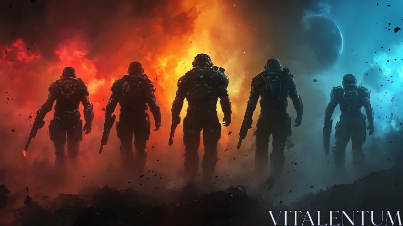 Brave space squad walking through fire and starlit smoke.