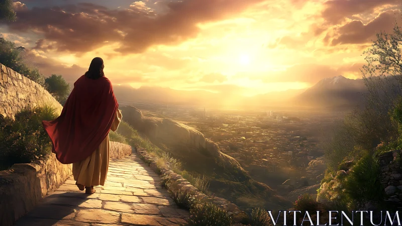 Digital painting of robed figure walking toward radiant city.