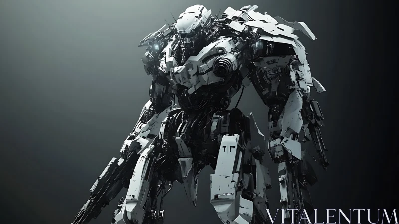 Heavily armored white combat mech in moody lighting.