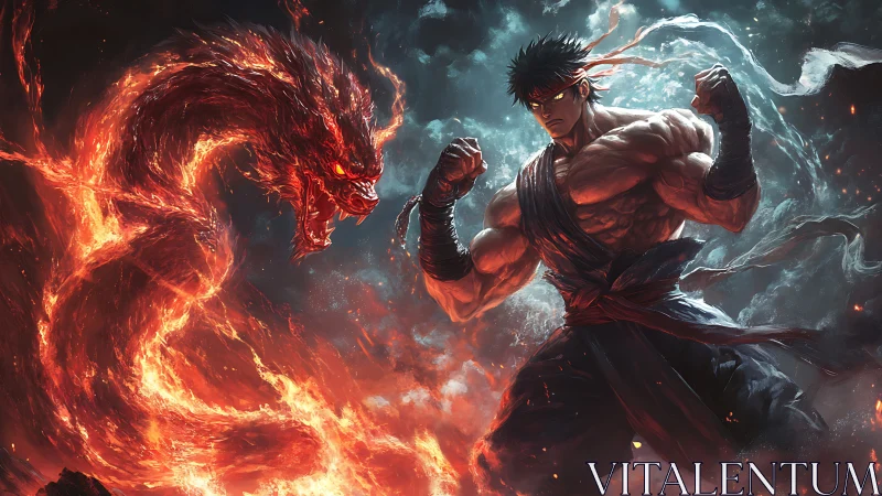Muscular fighter facing coiled fire dragon in smoky void.