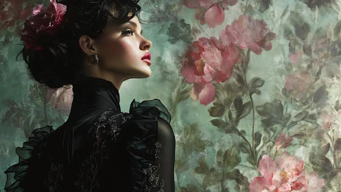 Woman in black dress beside painted floral wall portrait.