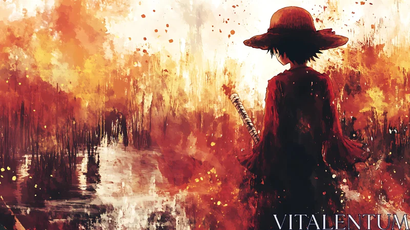 Solitary swordsman in red coat amid abstract fiery marshland
