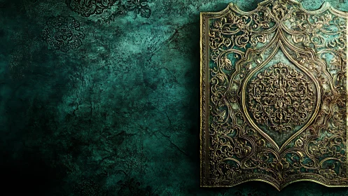 Ornate gilded panel on teal patina wall, baroque relief composition.