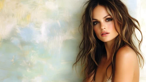 Digital portrait of woman against pastel abstract background