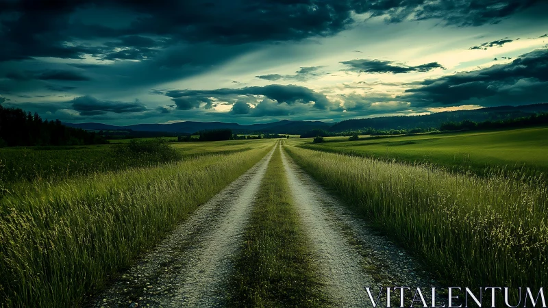 Gravel farm road extends through fields under dense clouds