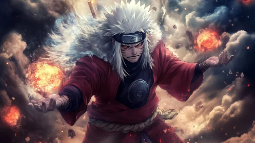 Storm-calling ninja master framed by blazing sky orbs.