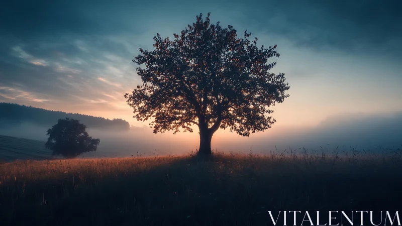 Solitary field tree against low sun in misty landscape.