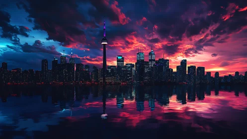 Neon city skyline under dramatic sunset sky reflection.