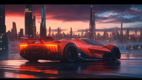 Red hypercar waits on wet rooftop above neon future skyline