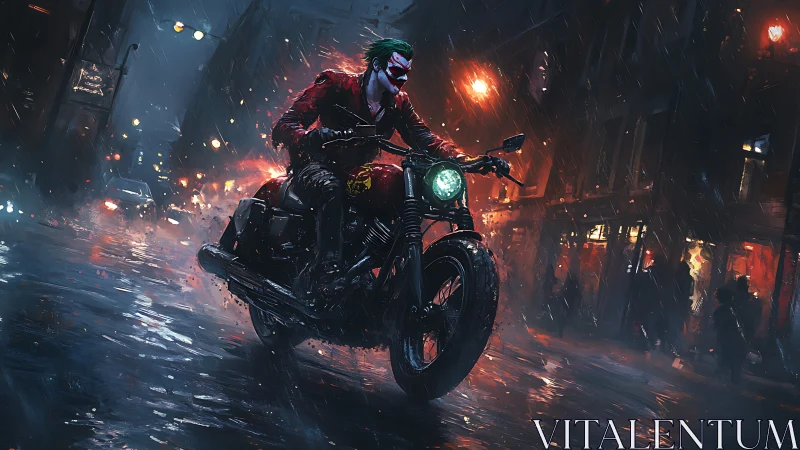 Masked biker storms neon city street in heavy rain.