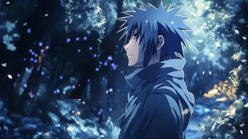 Solitary anime wanderer stands in a glowing, enchanted forest