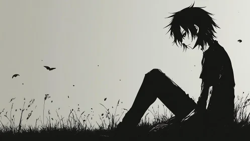 Silhouetted anime boy sits alone in quiet windblown field
