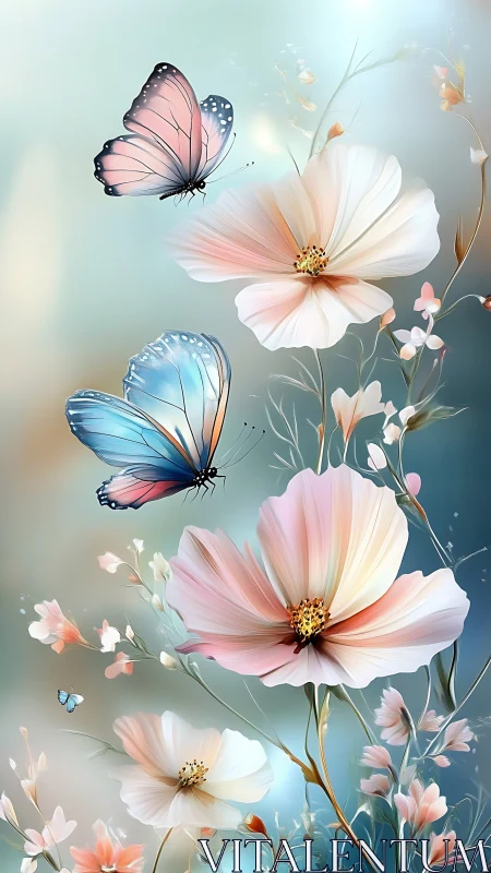 Butterflies drift softly above pastel blossoms in spring light