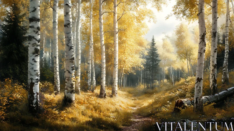 Autumnal Birch Forest with Golden Light Filtering.