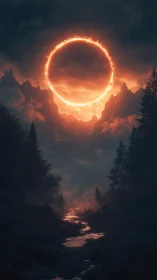 Fiery eclipse ring glows above misty mountains at dusk