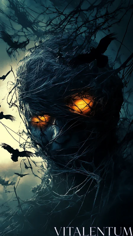 Midnight watcher wrapped in thorns and ember-bright eyes.