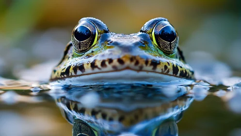 Macro frog portrait with mirrored water reflection.