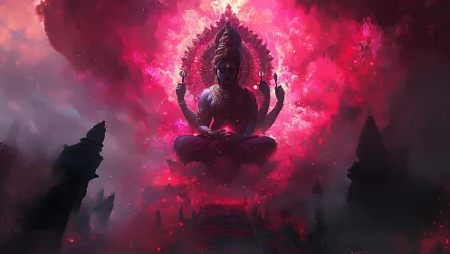 Multi-armed divine figure in red atmospheric digital scene.