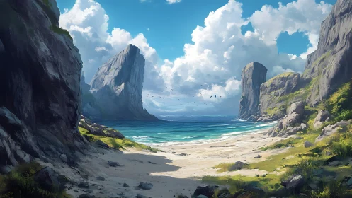 Coastal canyon with turquoise bay and towering cliff formations