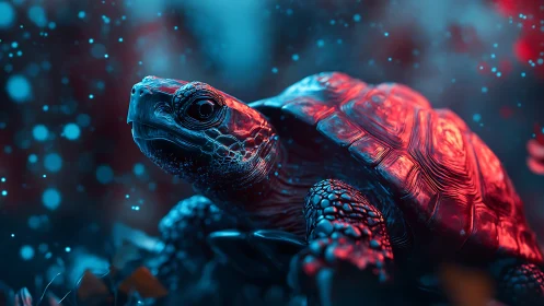 Bioluminescent-lit turtle rendered with high-detail bokeh depth