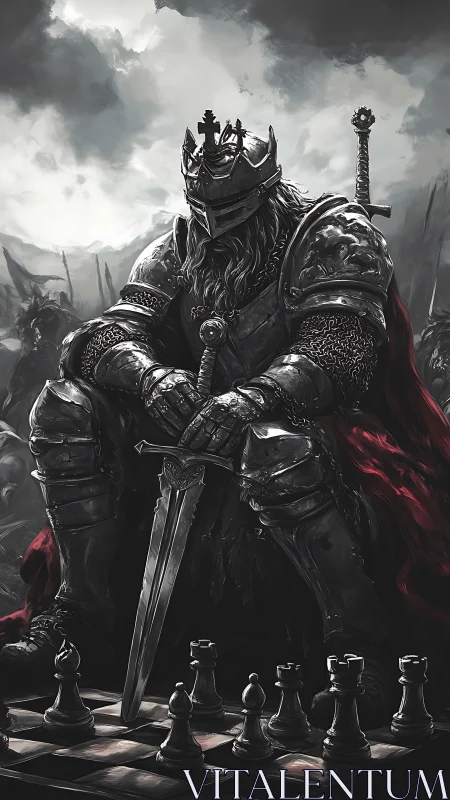 Armored war king broods over a stormlit battlefield chessboard