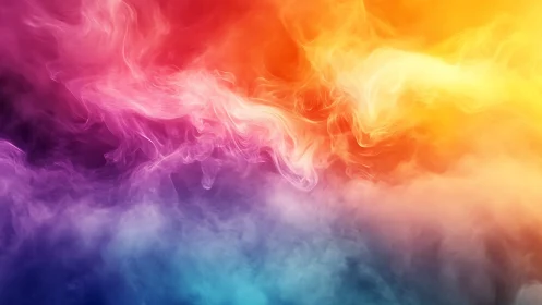 Chromatic mist storms swirl in a luminous rainbow sky.