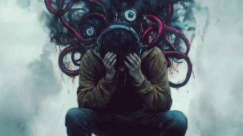 Hooded figure battles monstrous thoughts in swirling fog