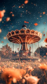 Swing carousel stands illuminated above blurred flower field