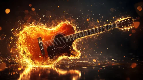 Fiery acoustic guitar rendered in dynamic molten sparks.