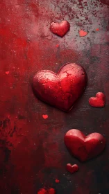 Red 3D Hearts on Textured Dark Surface