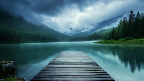 Wooden lake pier leading into misty forest mountains.