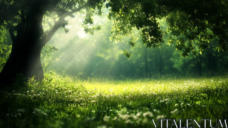 Sunlit Forest Meadow with Lush Greenery and Soft Light Rays.