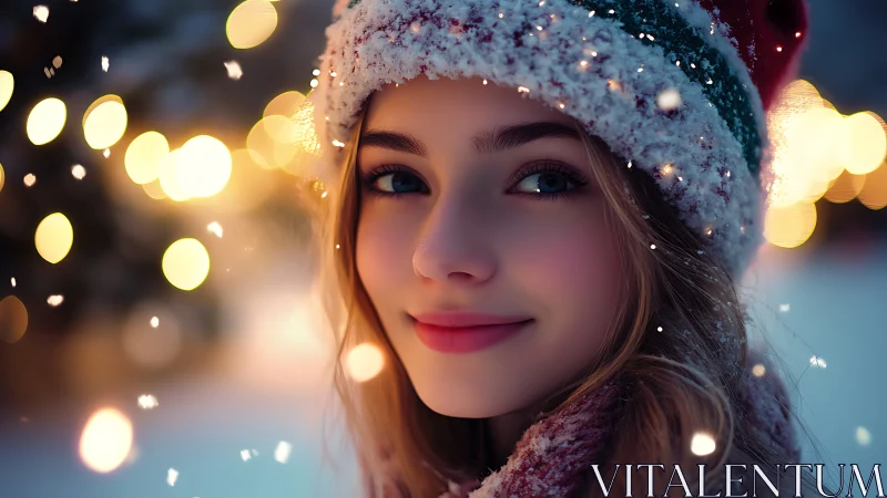 Snowlit holiday portrait with warm bokeh lights background.
