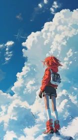 Skystrider in red hoodie quietly measures the vast clouds