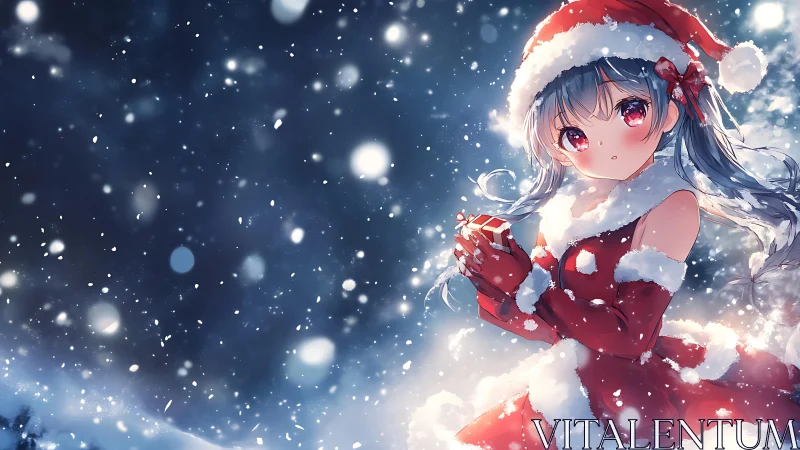 Snowy anime girl in Santa dress holds glowing gift box.