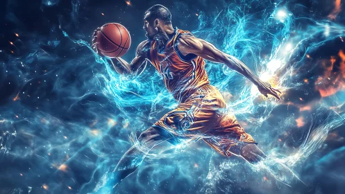 Dynamic basketball player in glowing blue energy motion