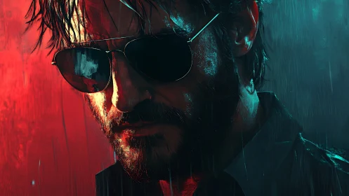 Brooding man in rainlit neon portrait with moody contrast.